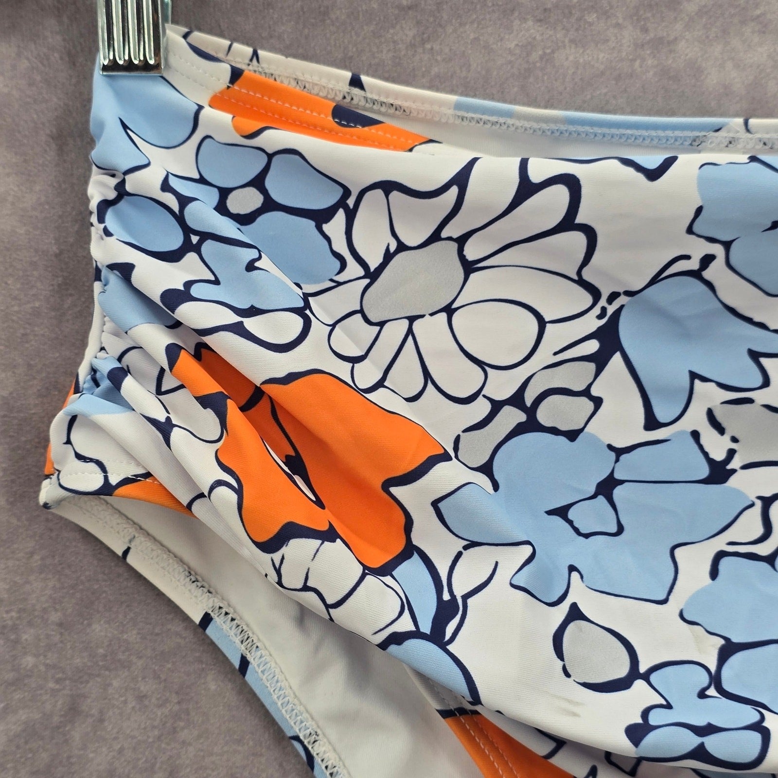 Blue White Floral Print Bikini Bottoms Swimsuit High Rise Swimwear Medium