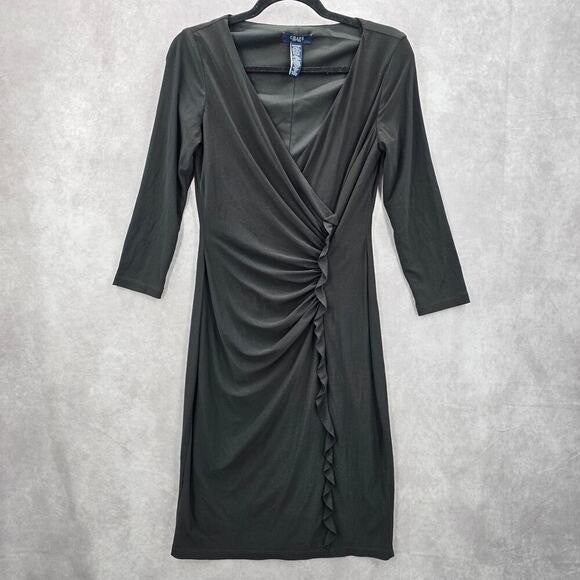 Chaps Black Wrap Drape Ruffle Knee Length V Neck Formal Dress XS