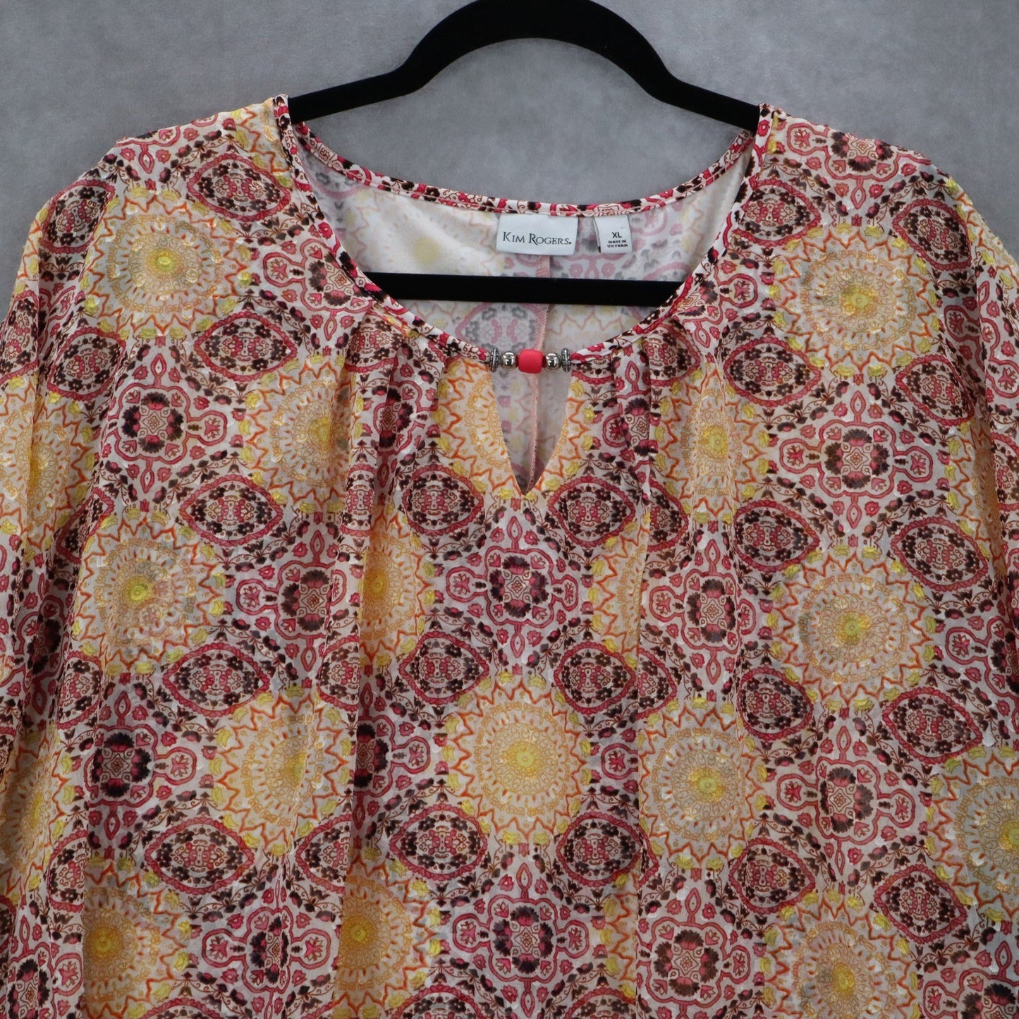 Kim Rogers Yellow Floral Dolam Casual Daisy Shine Palm Spring Bead Top Blouse XL