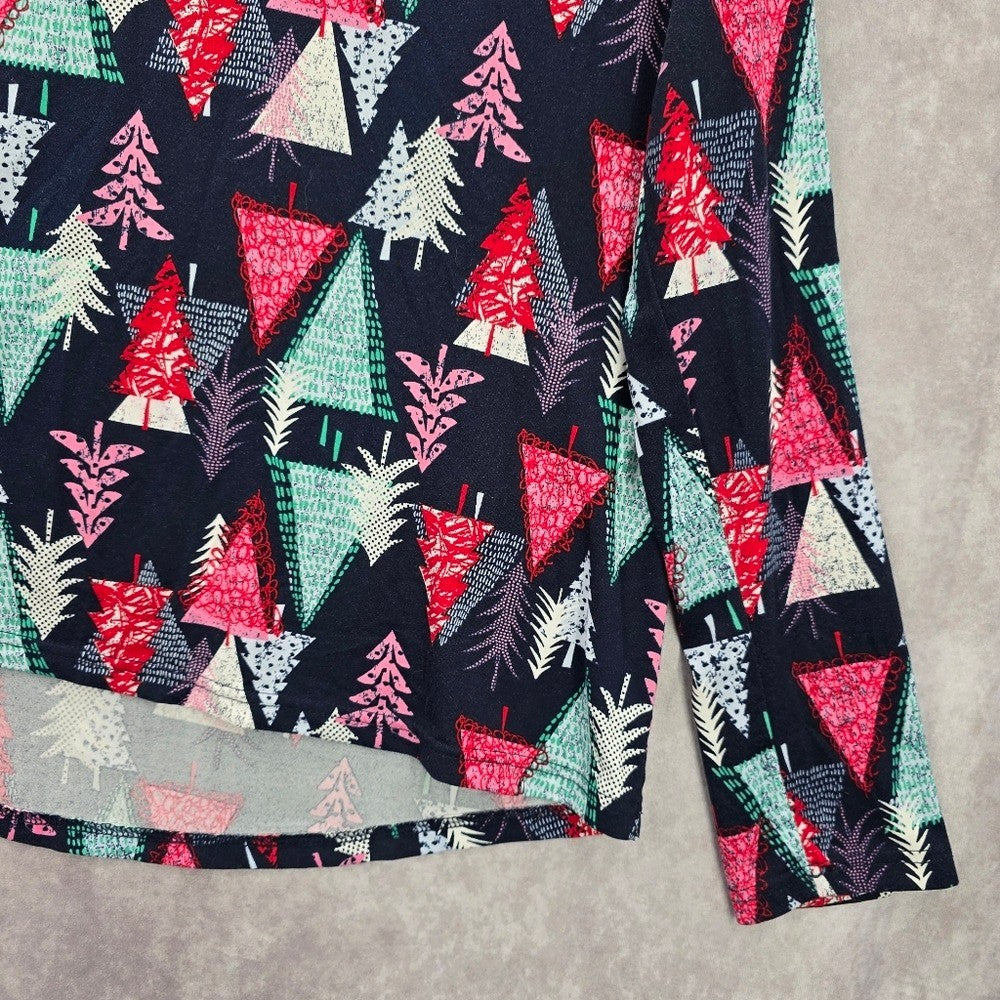 Joyspun Blue Christmas Tree Print Long Sleeve Holiday Y2K Printed Top Medium