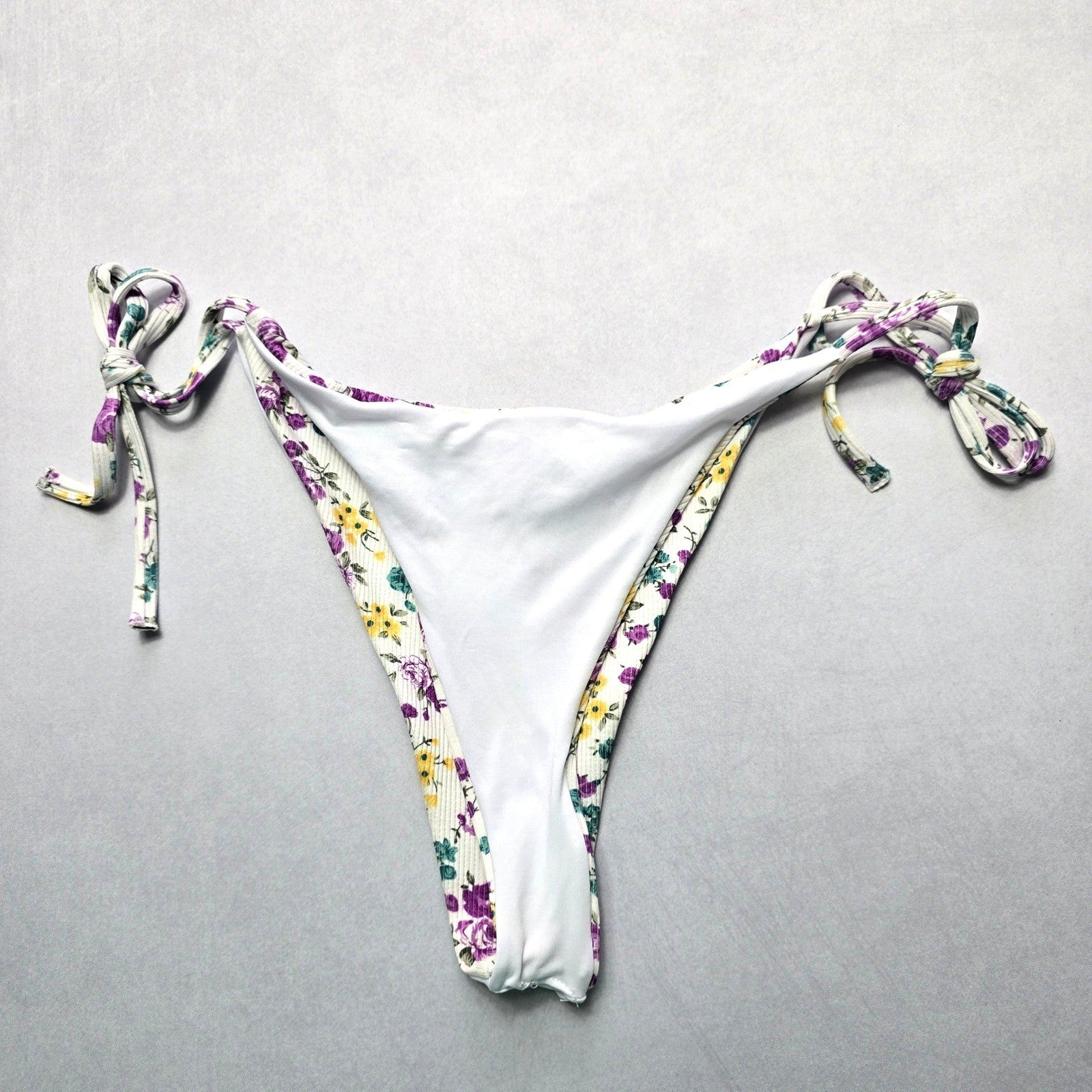White Flower Ribbed Thong Tie Swim Beach Flirty Boho Bikini Bottom L Large
