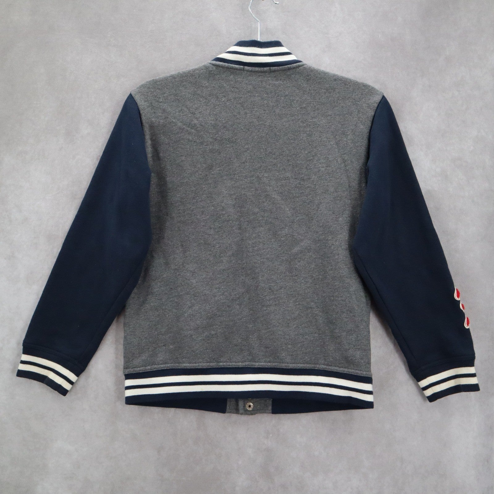 Gap Kids Gray Blue Button Bomber Varsity Pirate Patch Stripe Coat Jacket L Large
