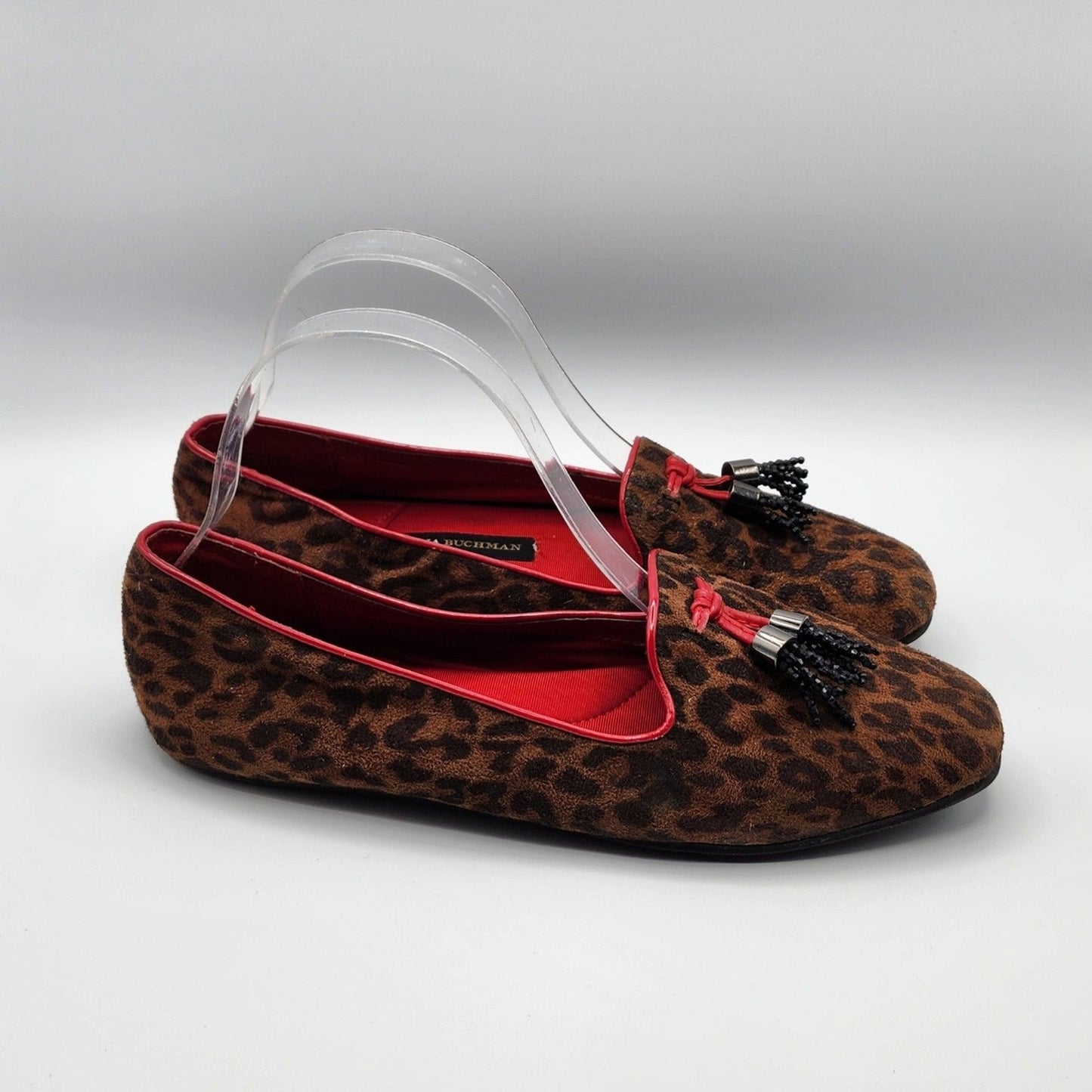 Dana Buchman Leopard Print Red Slip On Flats Beaded Tassels Size 7.5