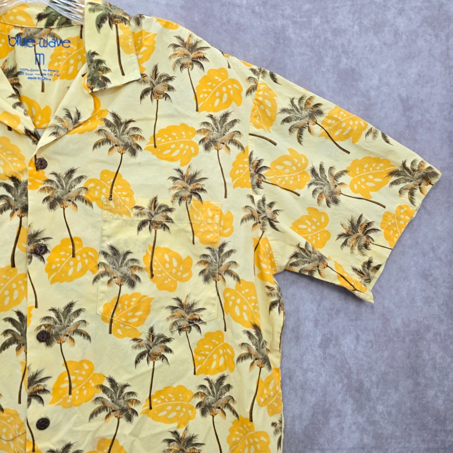 Blue Wave Yellow Palm Tropical Surf Island Vintage Cotton Relax Hawaiian Shirt M