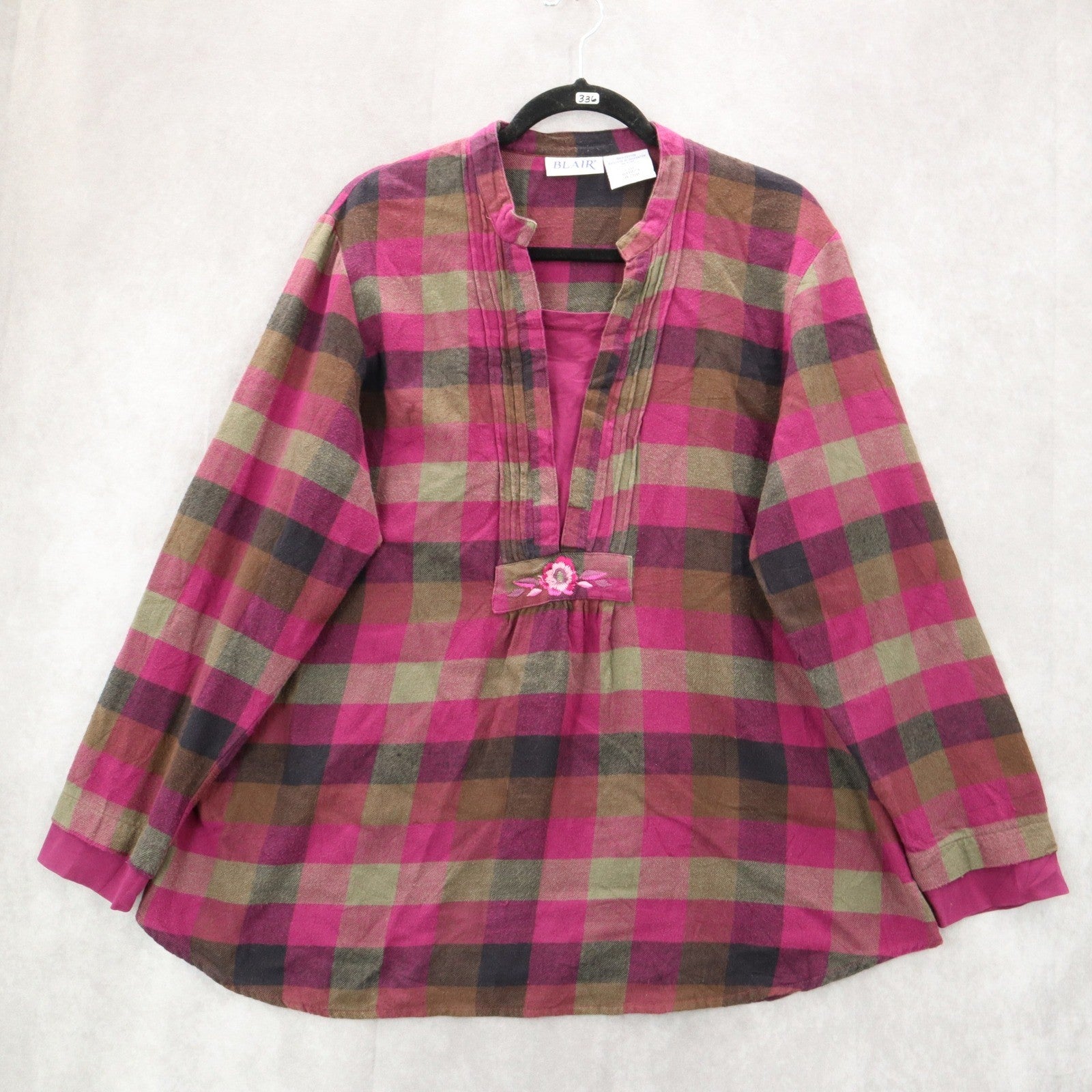 Blair Purple Flannel Plaid Floral Embroidered Western Boho Cotton Indie Large