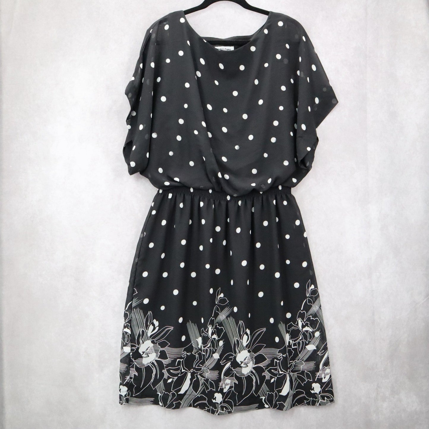 Shelby & Palmer Black Polka Dot Midi Dress Floral Elastic Flare Boho Casual 14W