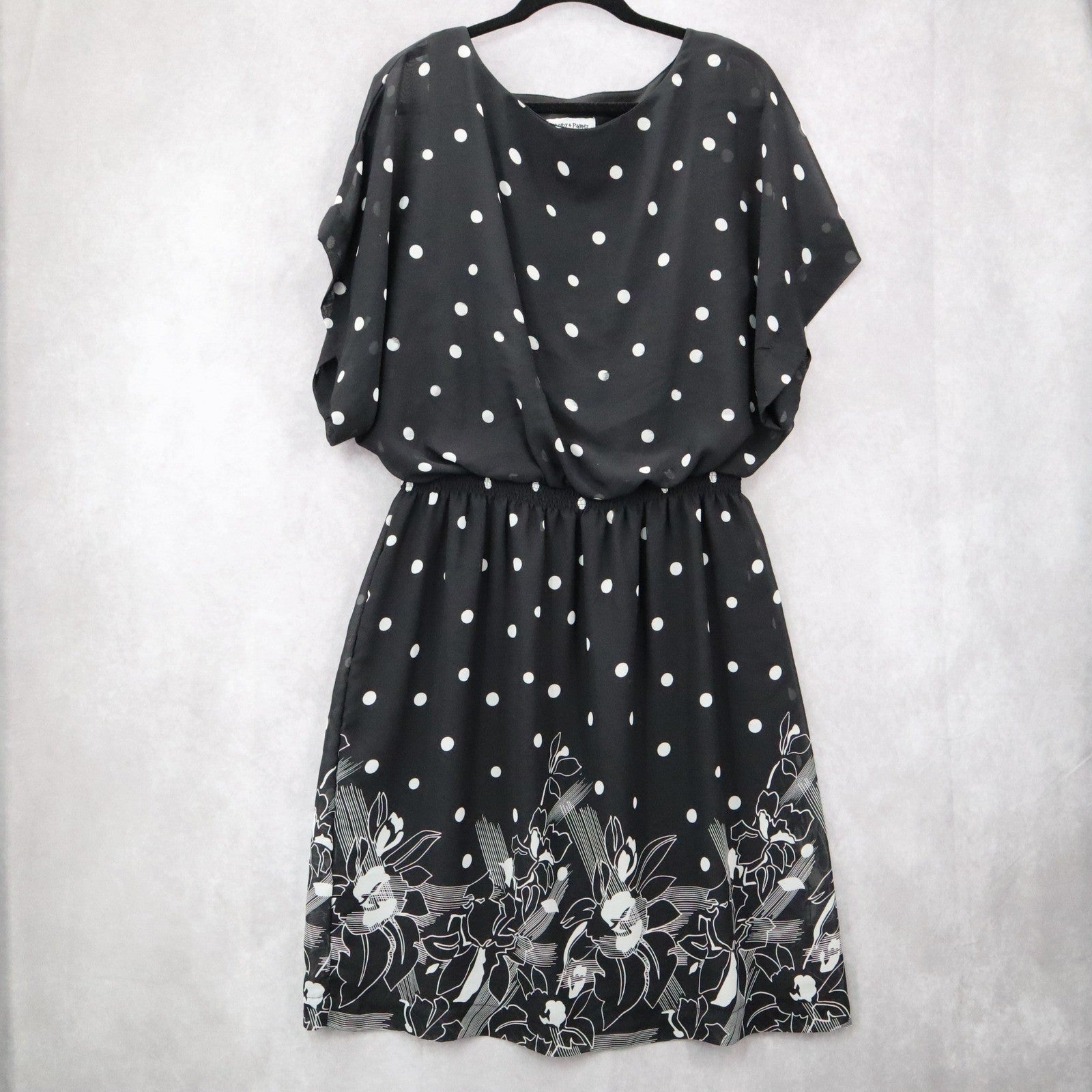 Shelby & Palmer Black Polka Dot Midi Dress Floral Elastic Flare Boho Casual 14W