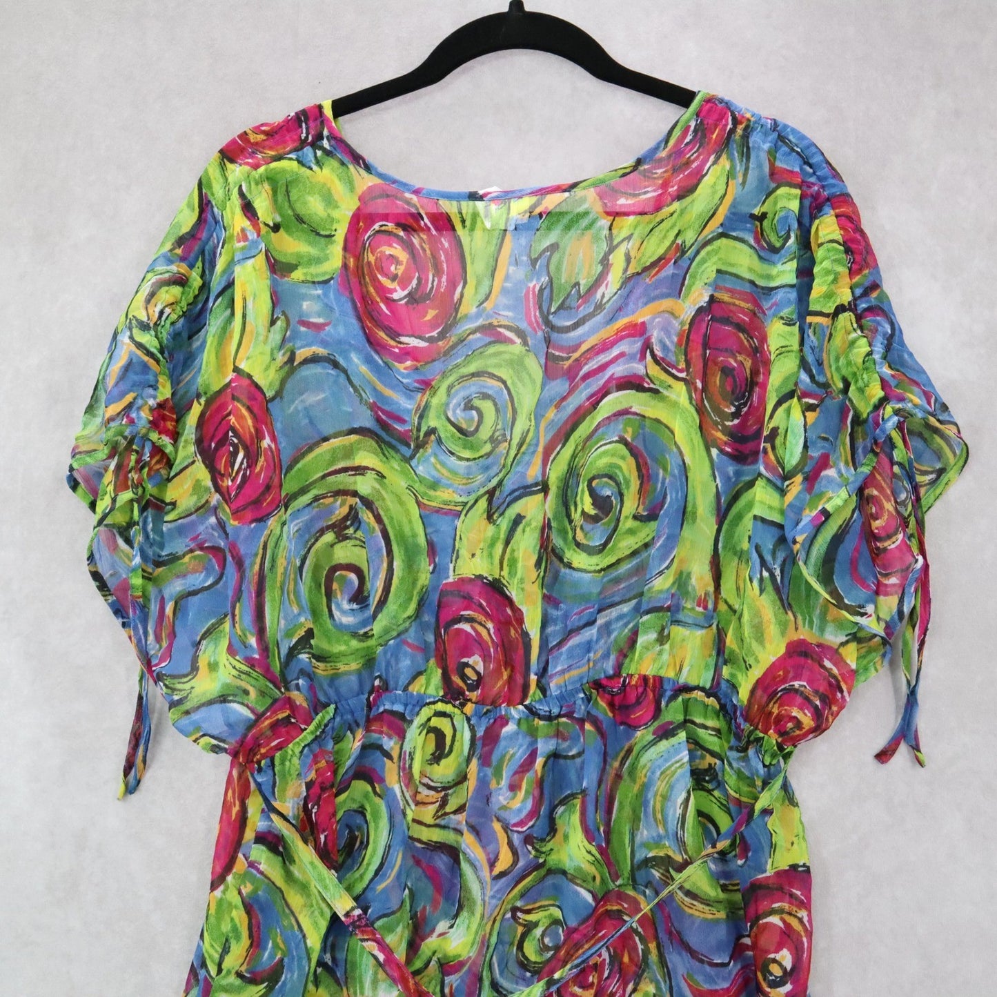 Boho Floral Swirl Sheer Festival Beach VTG Colorful Tunic Cover Up Dress L Large