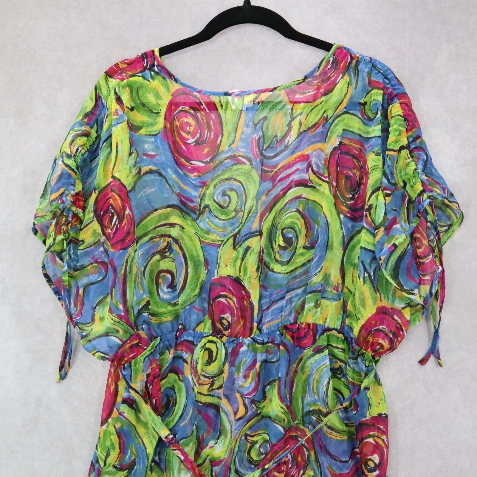 Boho Floral Swirl Sheer Festival Beach VTG Colorful Tunic Cover Up Dress L Large