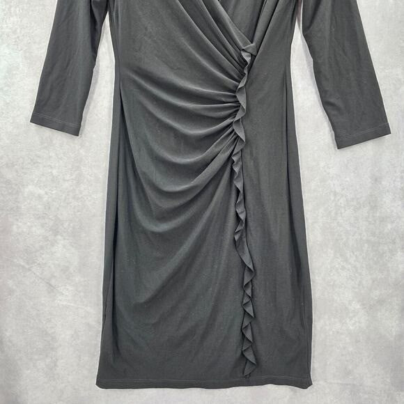 Chaps Black Wrap Drape Ruffle Knee Length V Neck Formal Dress XS