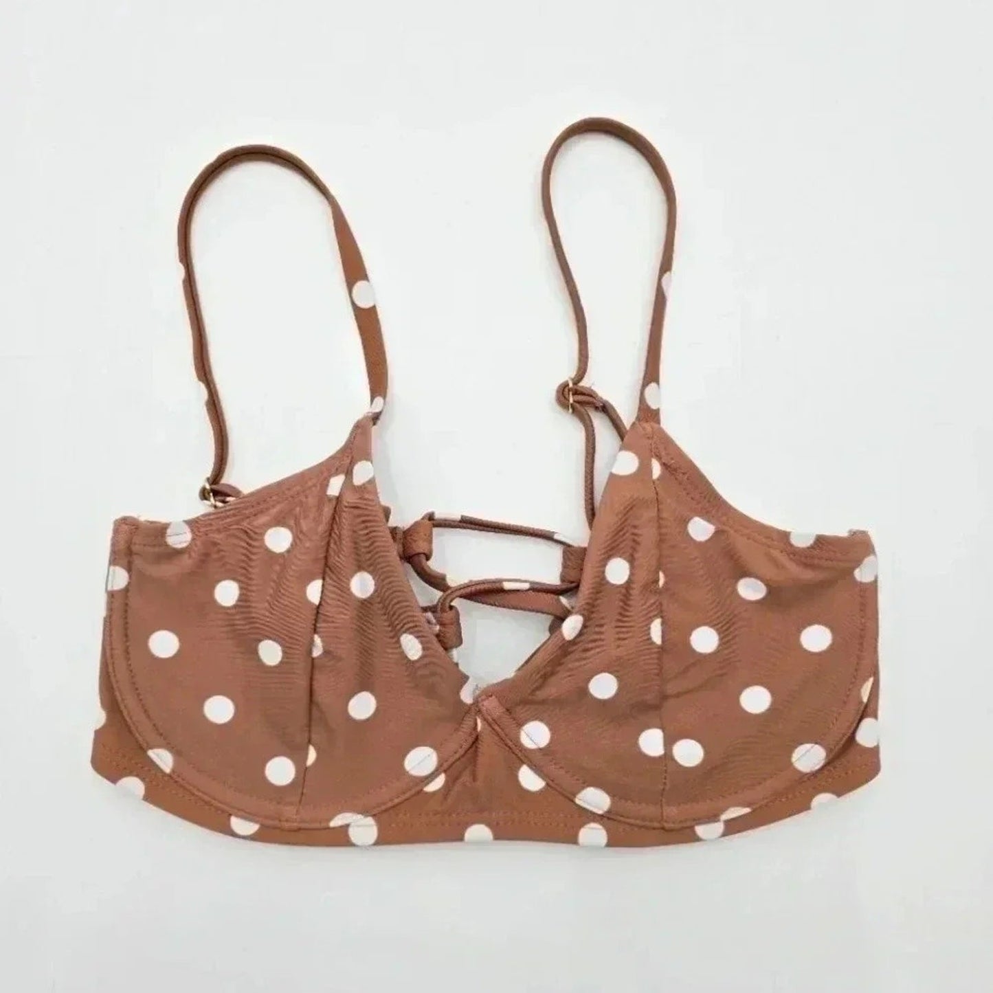 Time and Tru Brown Polka Dots Padded Adjustable Strap Bikini Top Swimwear Small