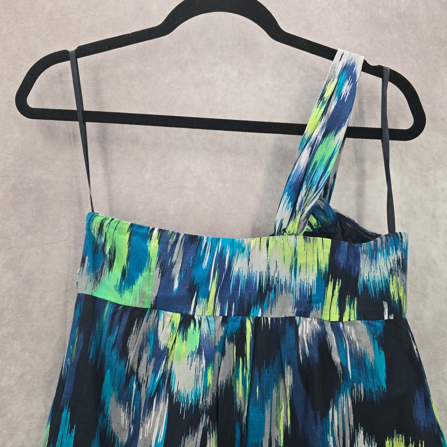Ann Taylor Blue Green Thick One Shoulder Mini Midi Flare Abstract Dress XS 2