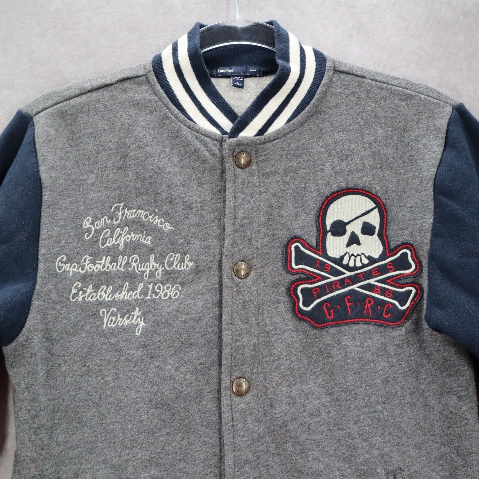 Gap Kids Gray Blue Button Bomber Varsity Pirate Patch Stripe Coat Jacket L Large