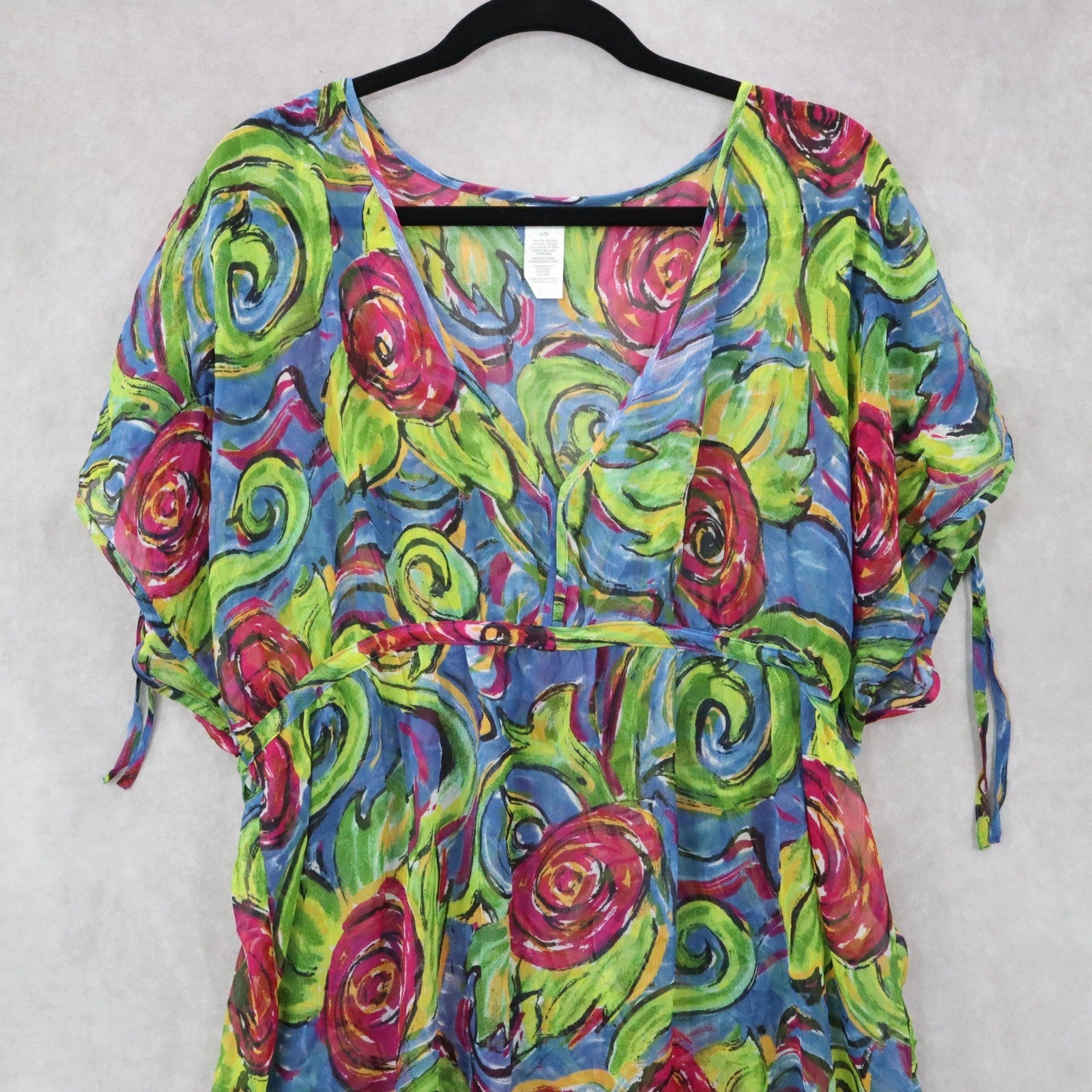 Boho Floral Swirl Sheer Festival Beach VTG Colorful Tunic Cover Up Dress L Large