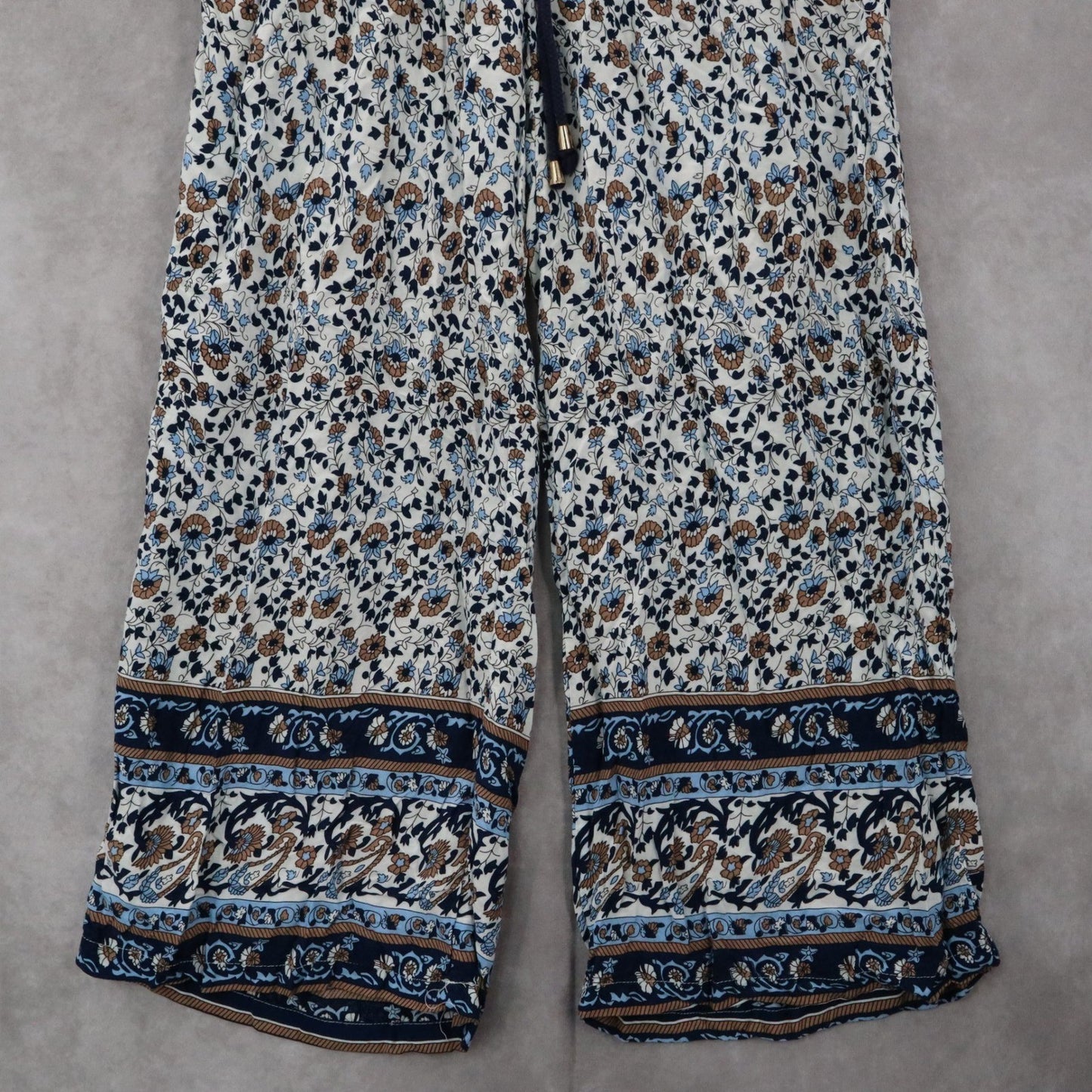 Indero Blue Floral Wide Leg Boho Pull On Straight Leg Trousers Pant L/XL