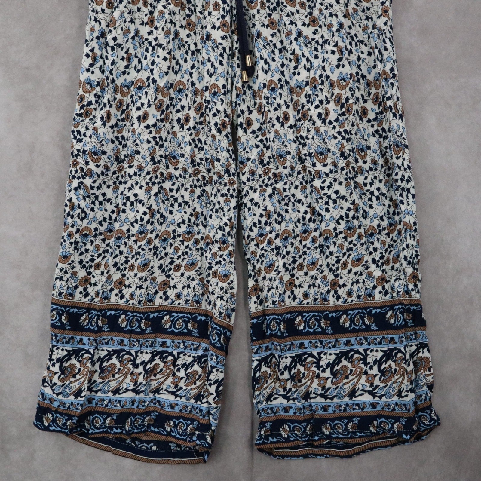 Indero Blue Floral Wide Leg Boho Pull On Straight Leg Trousers Pant L/XL