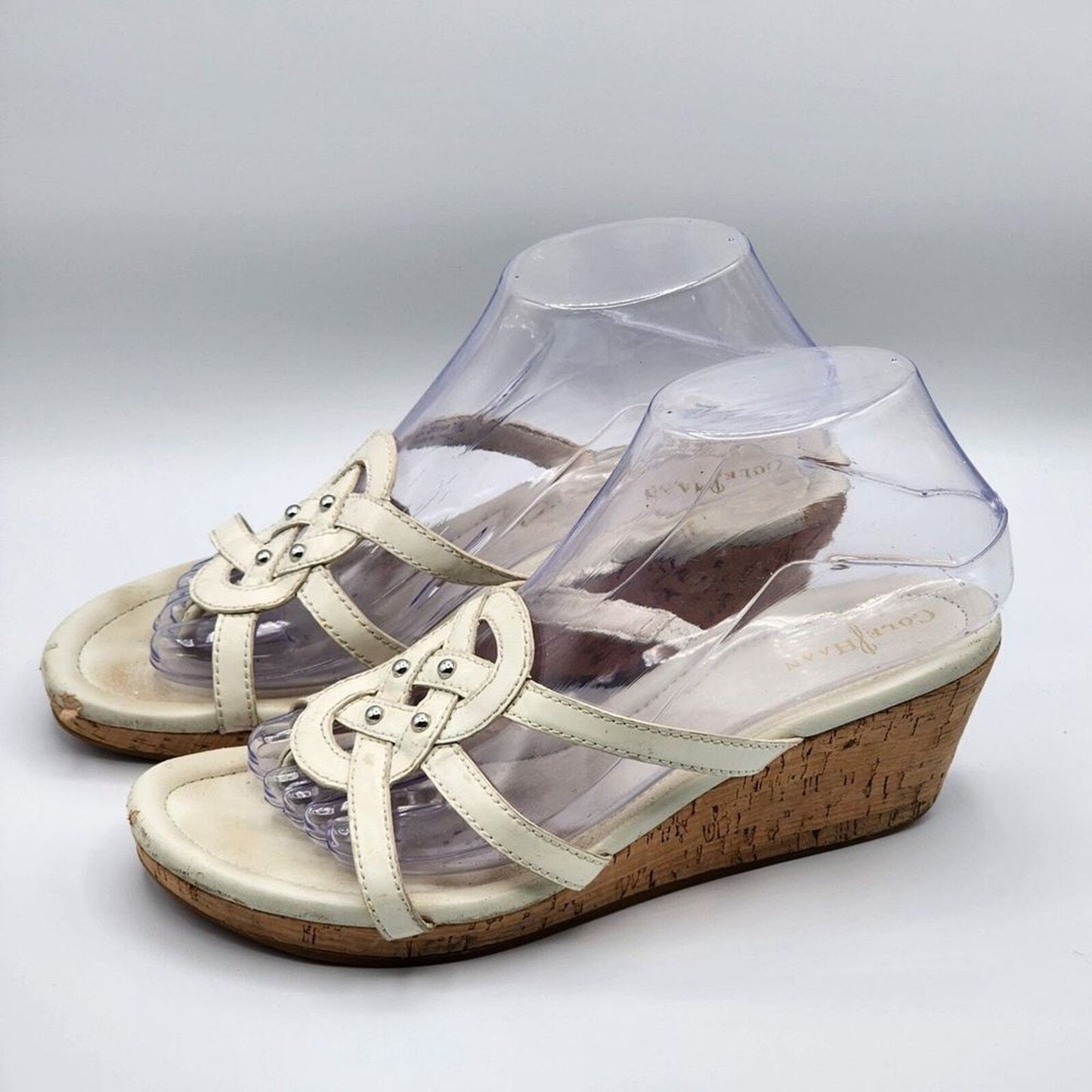 Cole Haan White Heels open Toe Slide Cork Leather Sandals Size 7.5B