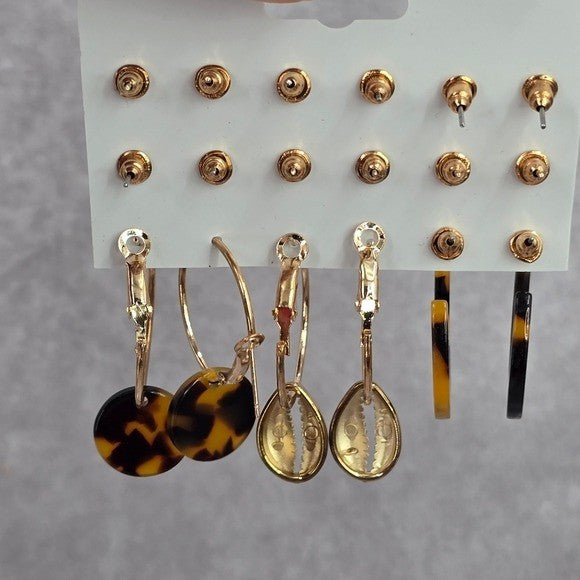 Hoop Stud Dangle Brown Gold Set of 9 Earrings Fashion Jewelry JB2-48