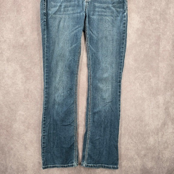 Blue Embroidered Stud Rhinestone Straight Leg Stitch Denim Pants Jeans 10