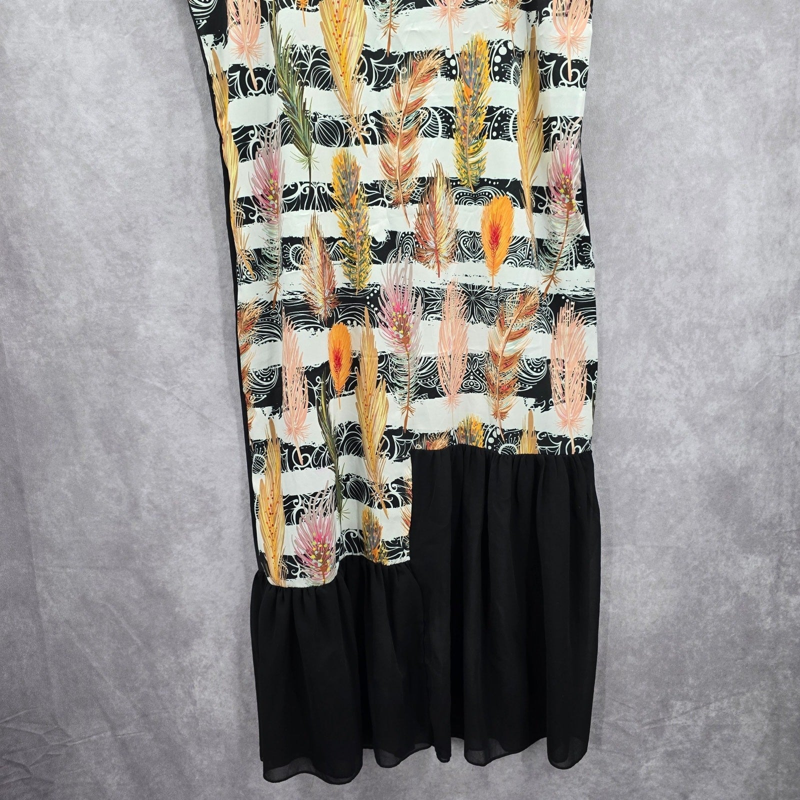 Takaya Siam Black Short Sleeve Maxi Feather Print Sheer Ruffle Dress Medium