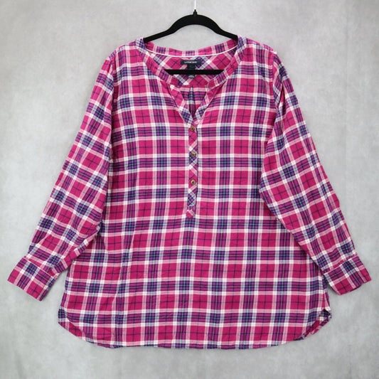 Lands' End Plaid Tunic Shirt Pink Casual Flannel Preppy Long Sleeve Plus 18W