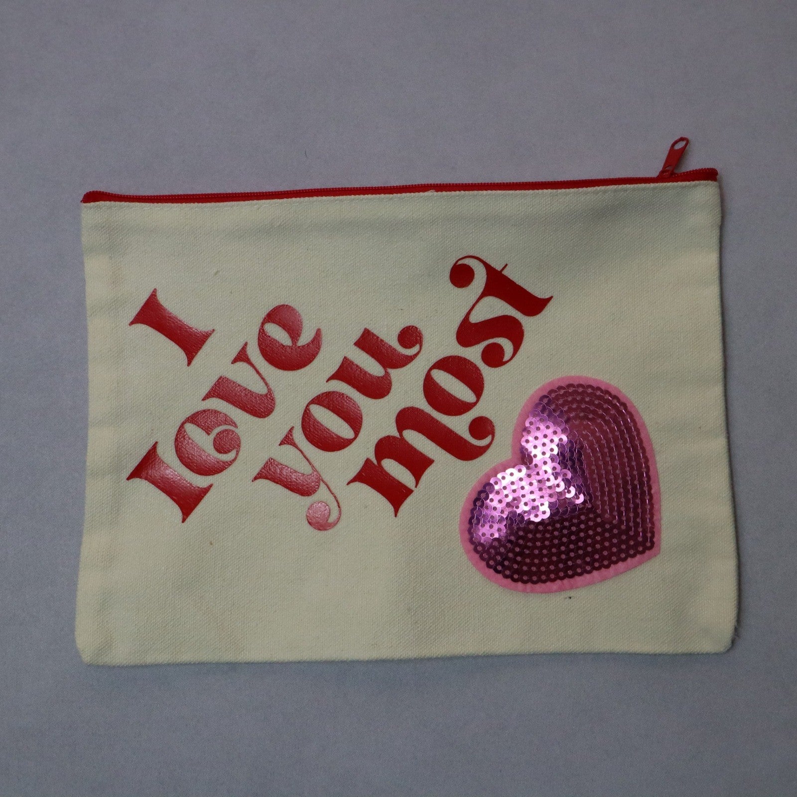 I Love You Most Pink Sequin Heart Patch Red Zipper Canvas Handmade Makeup Bag