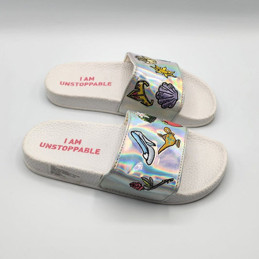 Disney Parks Holographic "I am Unstoppable" Girls Slide Sandals Size 12-13