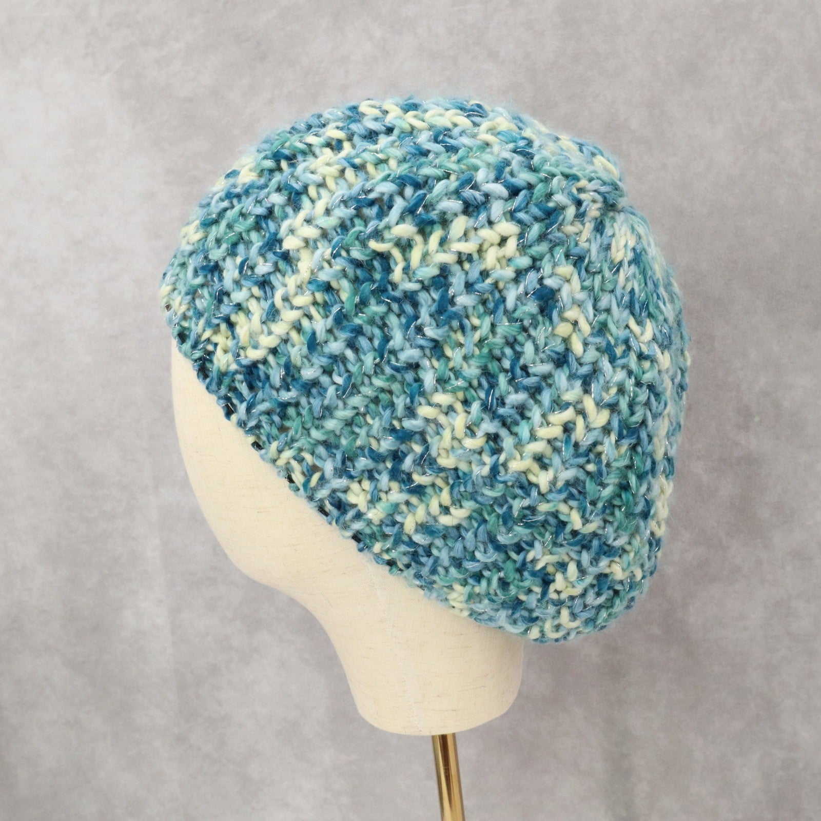 Blue Cable Knit Y2K Vintage Hippy Cottage Boho Beret Bucket Beanie Cap Hat