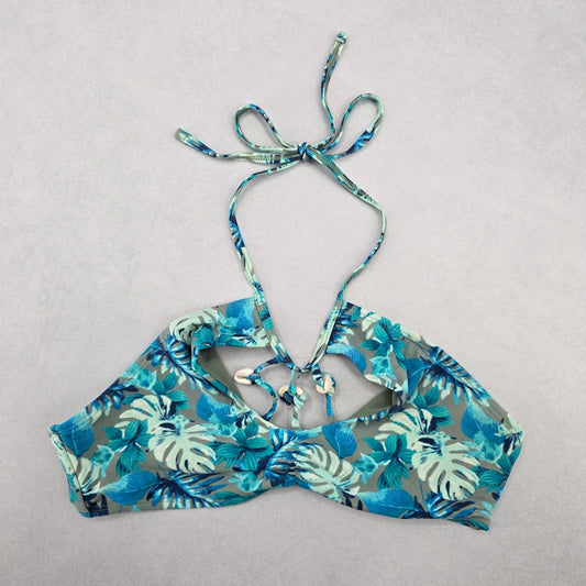 Reel Legends Blue Tropical Shell Tie Swim Sports Bra Beach Bikini Top M Medium