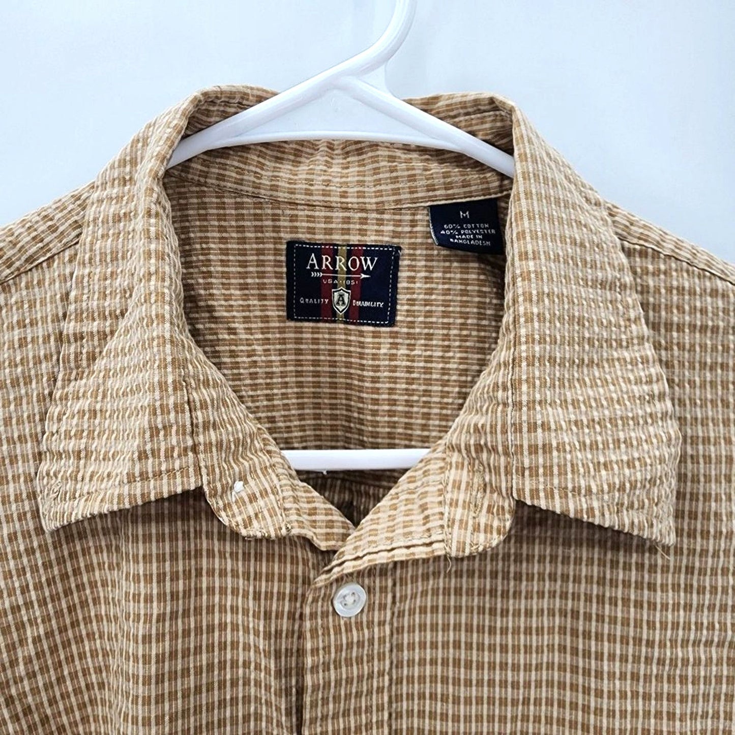 Arrow Tan Stripe Plaid Button Up Short Sleeve Shirt Medium