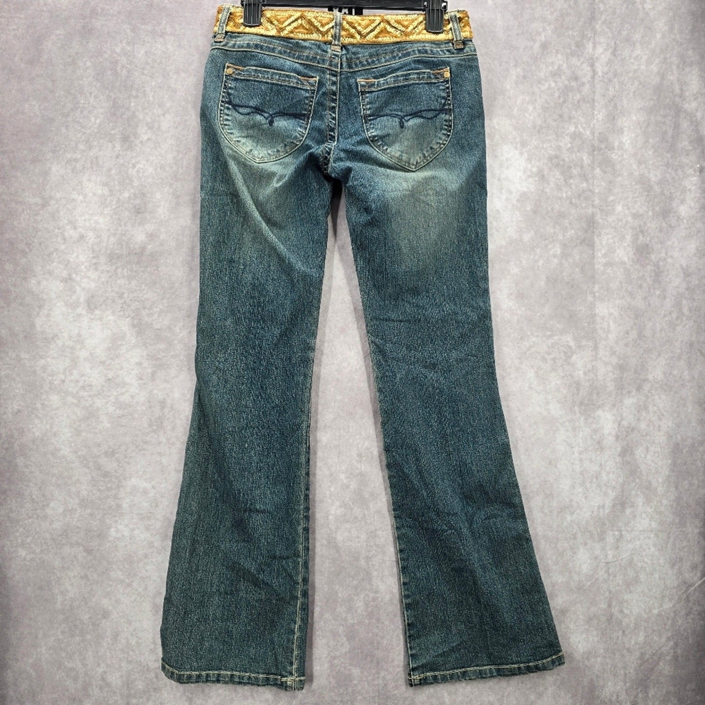 XOXO Blue Straight Bootcut Flare Gold Sequin Denim Jeans Pants 7/8