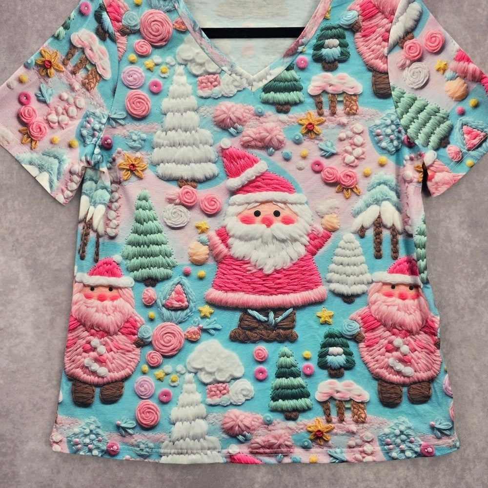 Blue Santa Candy Cane Cute Y2K Christmas Holiday Tree Artsy Tshirt Top Medium