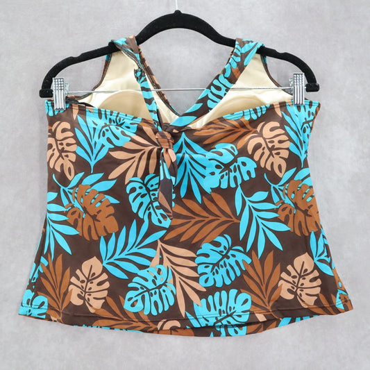 Brown Blue Tropical Leaf Halter Tie Padded Swim Beach Tankini Top L Large