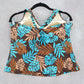 Brown Blue Tropical Leaf Halter Tie Padded Swim Beach Tankini Top L Large