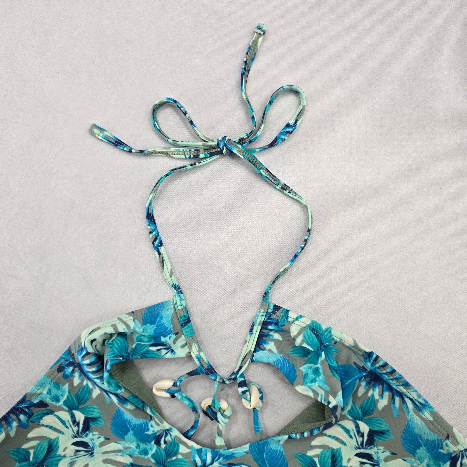 Reel Legends Blue Tropical Shell Tie Swim Sports Bra Beach Bikini Top M Medium