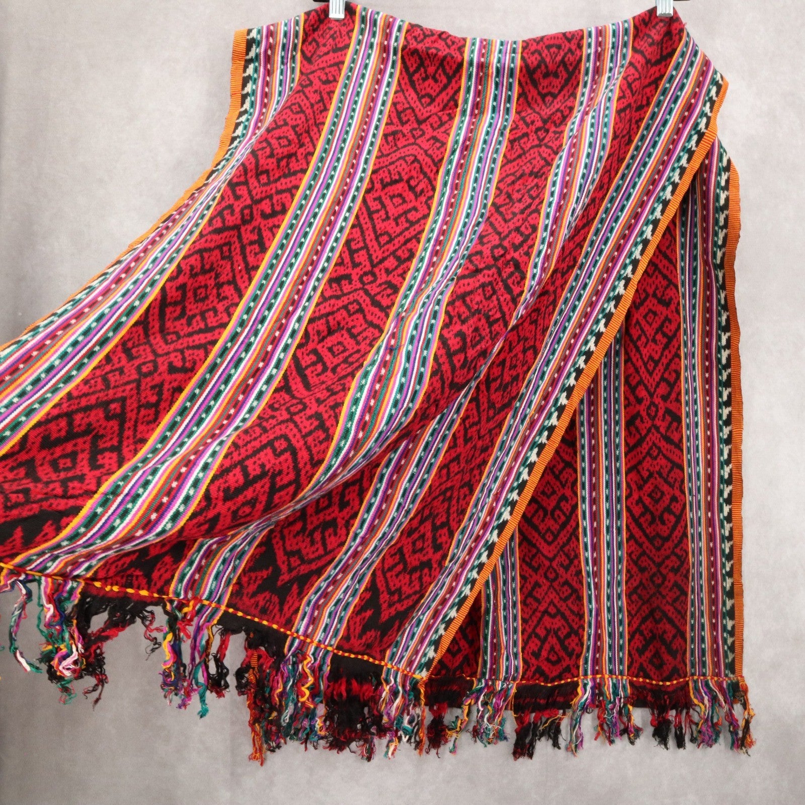 Red Tassel Geometric Rectangle Tribal Boho Shawl Wrap Scarf