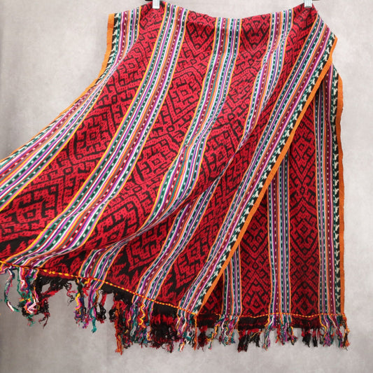 Red Tassel Geometric Rectangle Tribal Boho Shawl Wrap Scarf