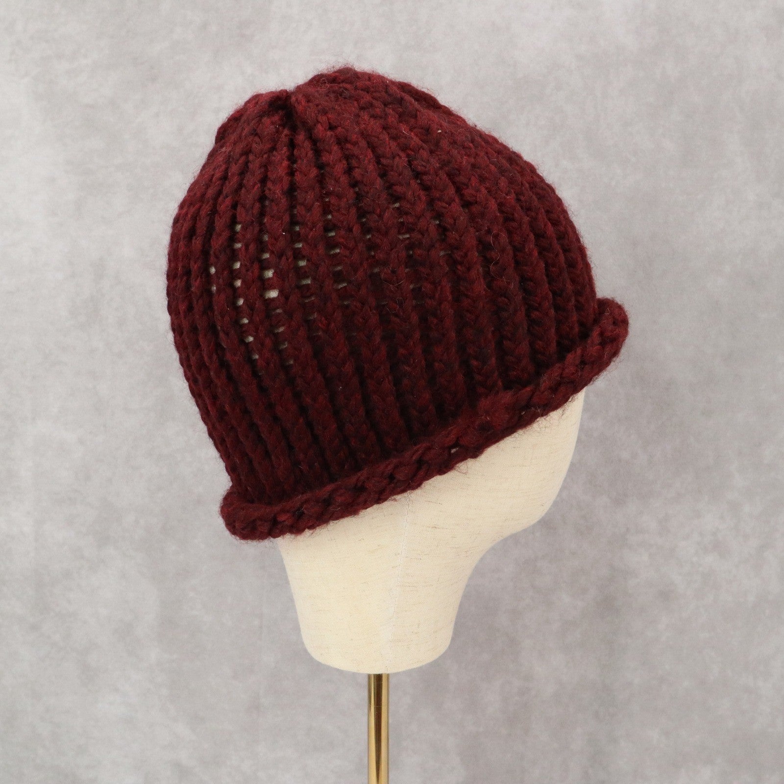 Red Maroon Cable Knit Y2K Vintage Handmade Winter Bucket Cozy Beanie Cap Hat