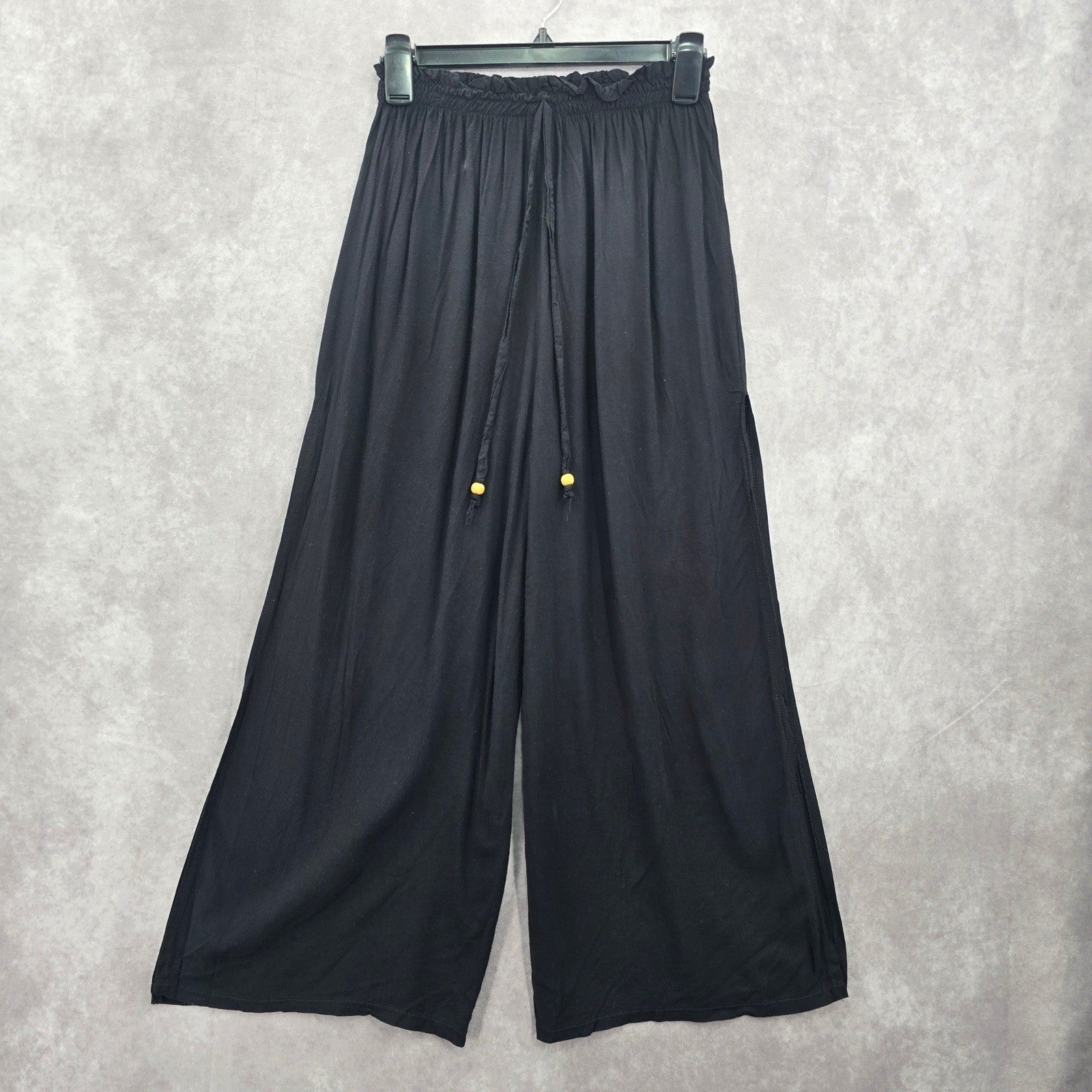Black Wide Split Flowy Straight Beach Vacation Lounge 90s Pullon Boho Pants XS