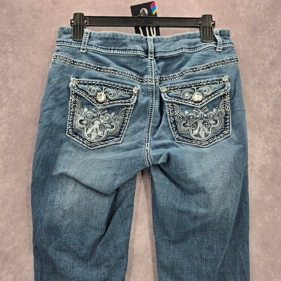 Blue Embroidered Stud Rhinestone Straight Leg Stitch Denim Pants Jeans 10