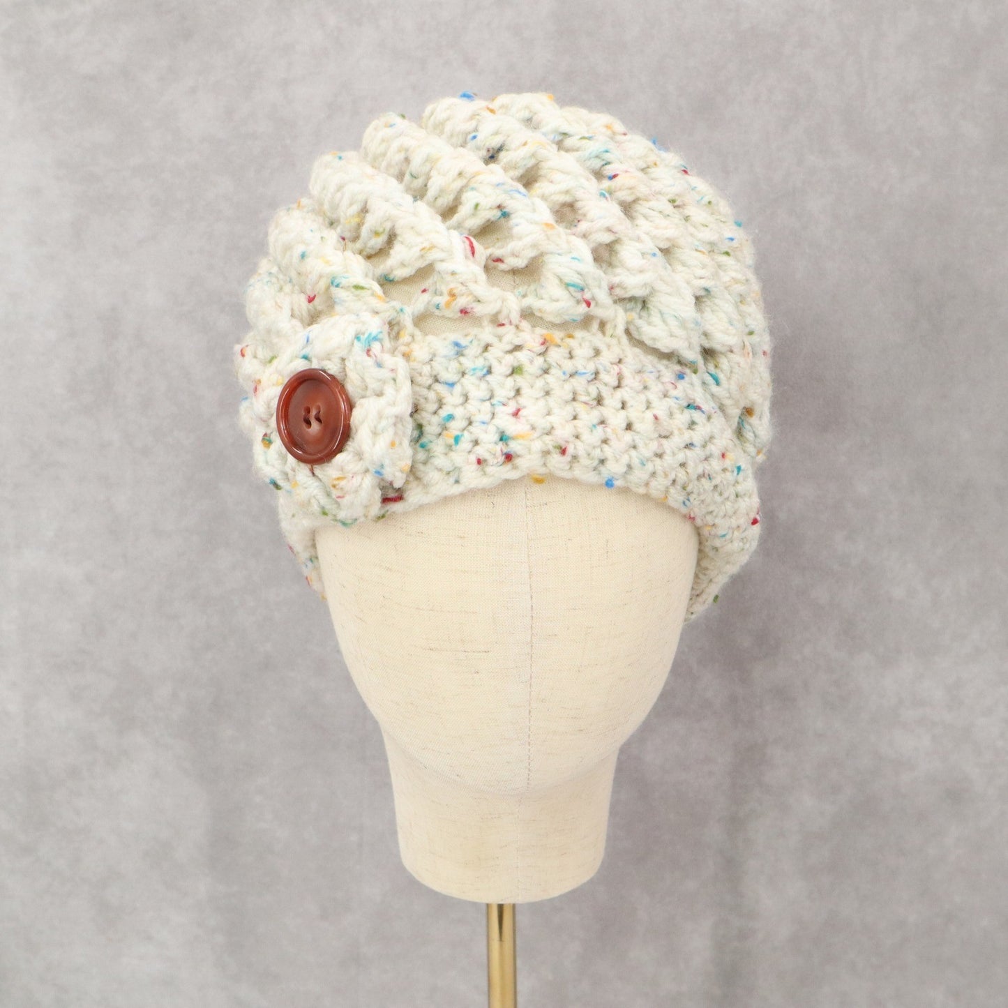 White Multi Cable Knit Flower Button Y2K Vintage Beanie Cap Hat
