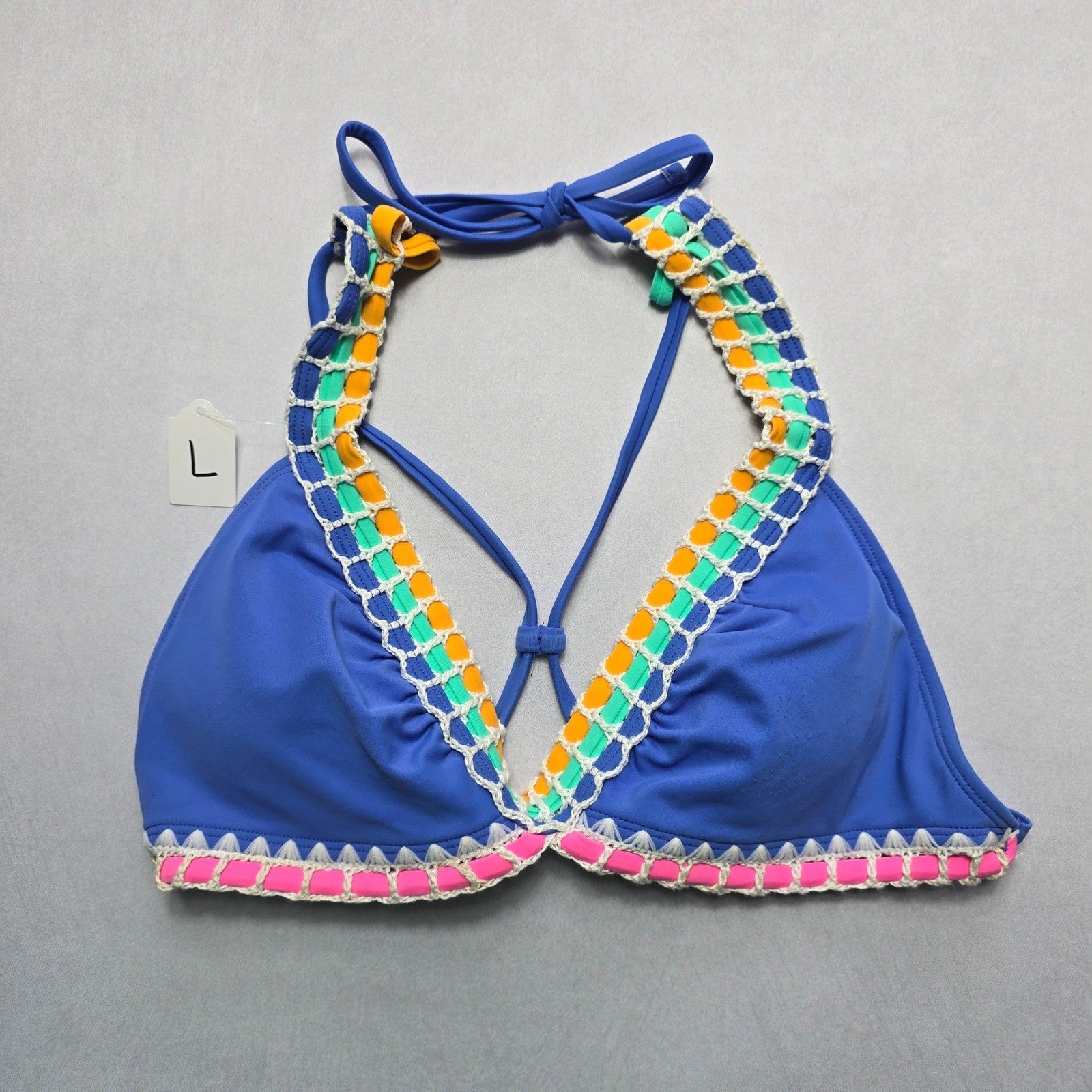Xhilaration Blue Crochet Padded Crisscross Tie Swim Bra Beach Bikini Top L Large