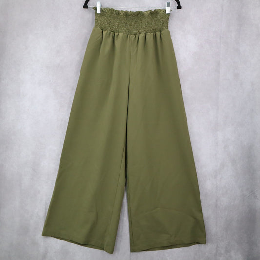 Green Wide Leg Boho Comfy Pull On Straight Leg High Rise Trousers Pant S Small