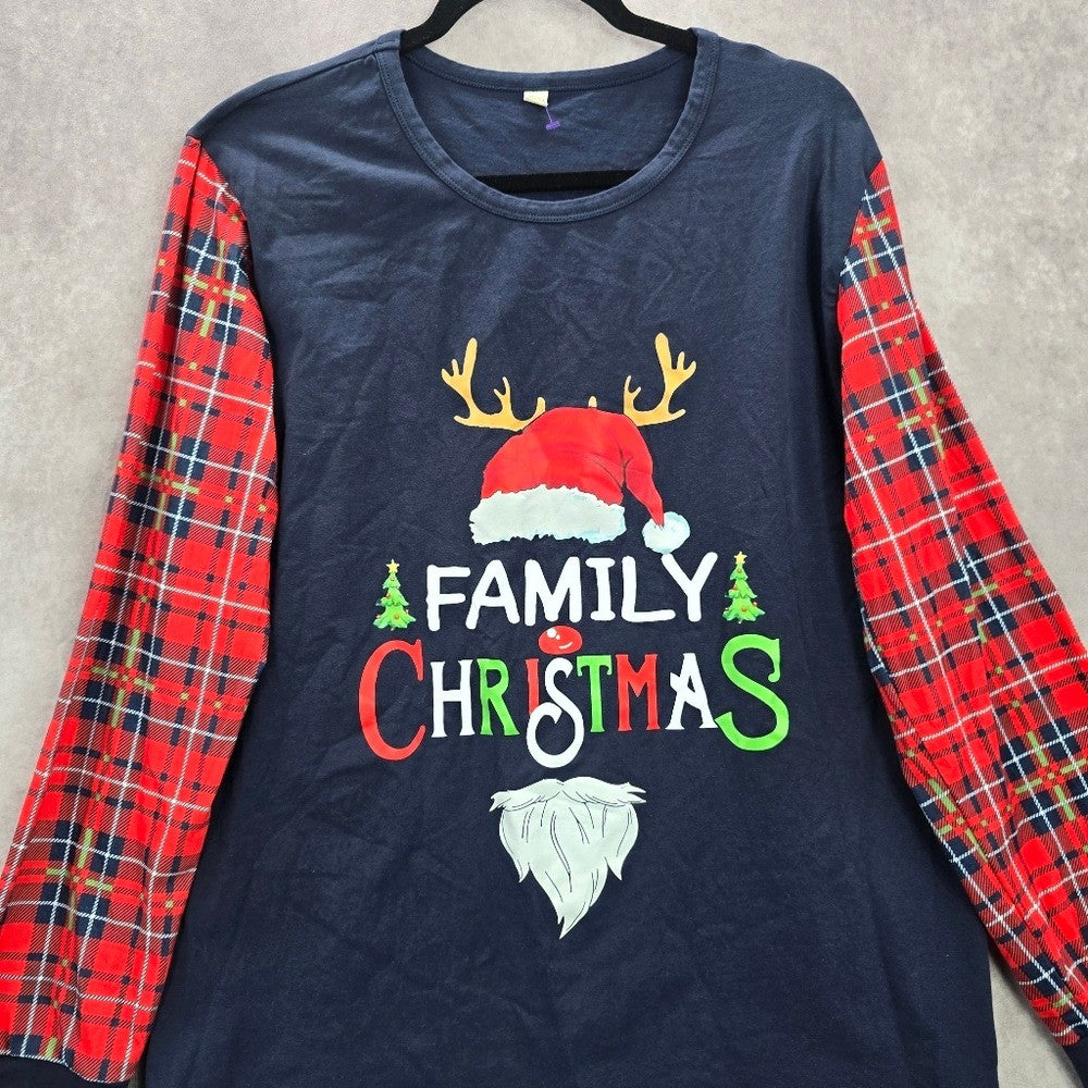 Blue Christmas Family Santa Reindeer Holiday Festive Print Plaid Top Medium