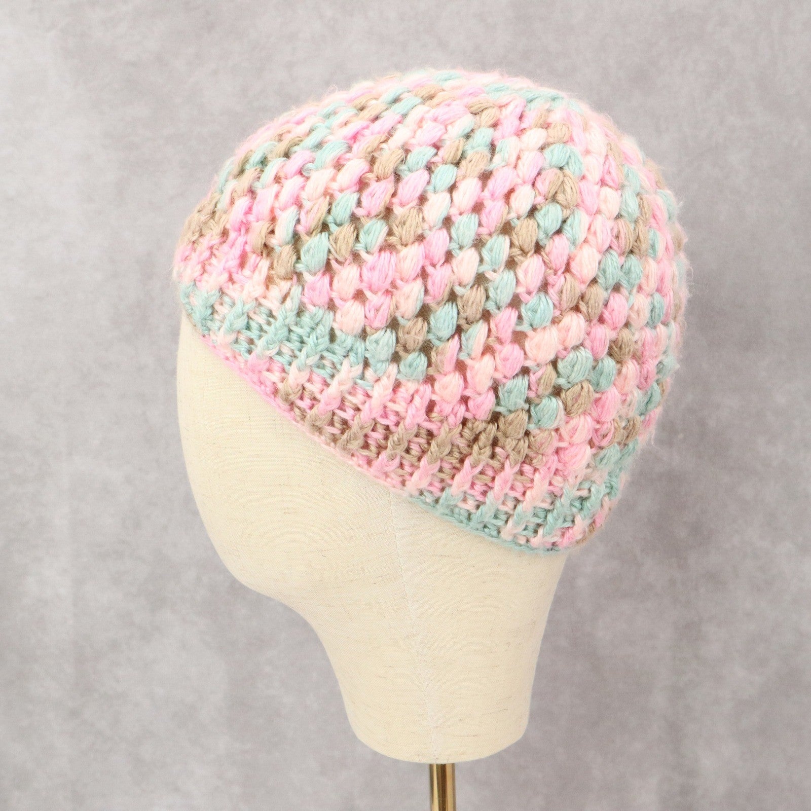 Pink Crochet Cable Knit Y2K Vintage Cottage Cozy Beanie Cap Hat OS