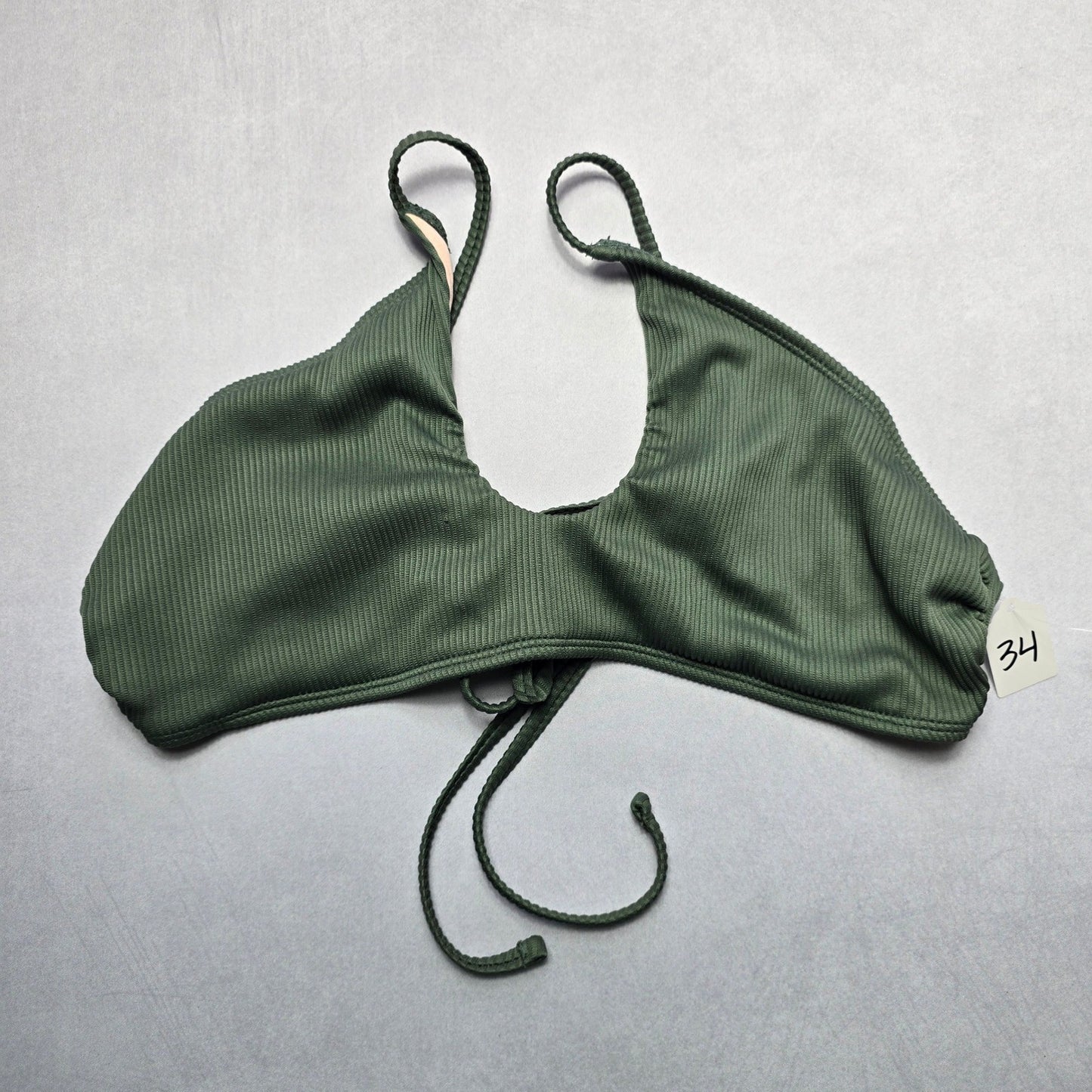Mae Green Ribbed Ties Swim Boho Sports Bra Beach Bralette Bikini Top L Large