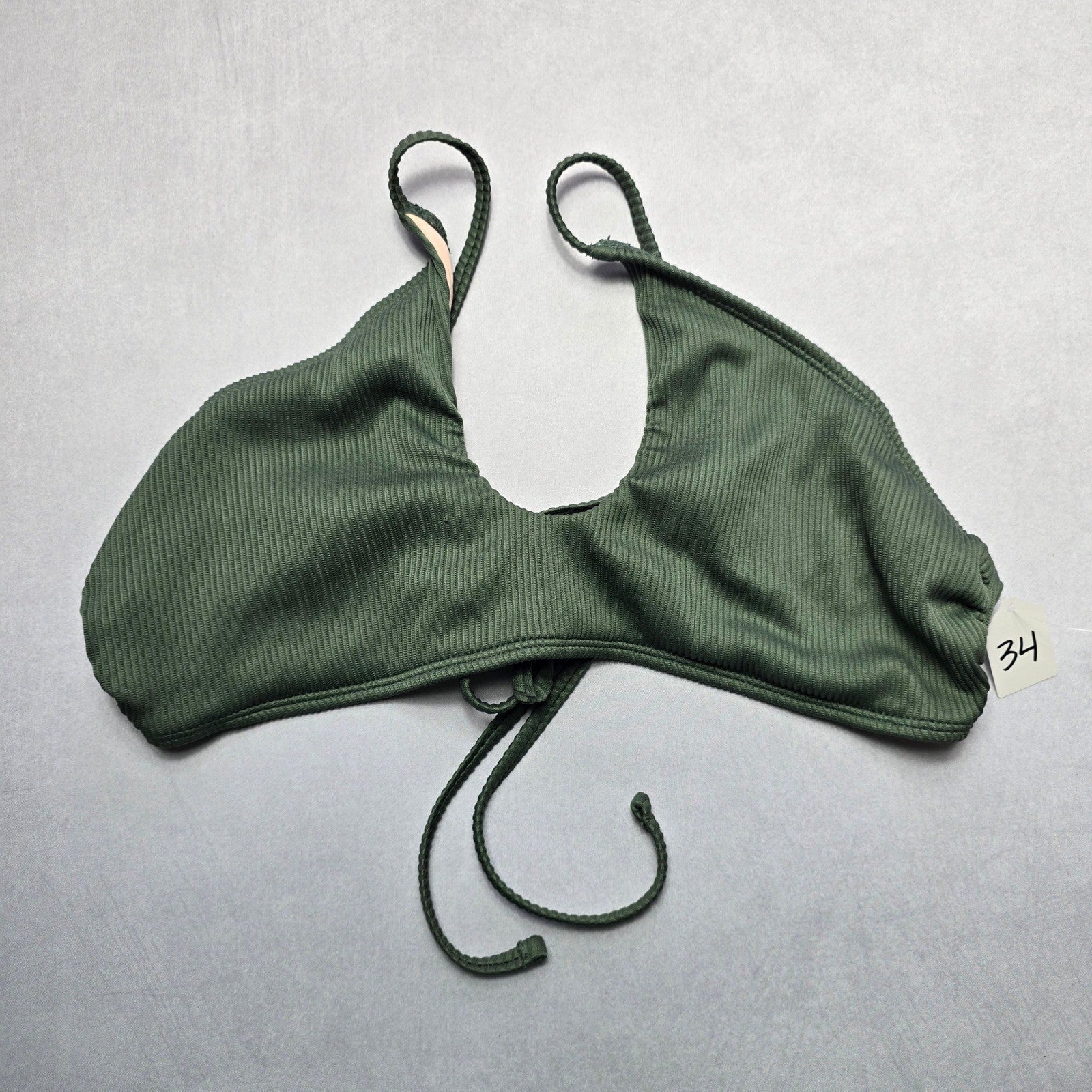 Mae Green Ribbed Ties Swim Boho Sports Bra Beach Bralette Bikini Top L Large