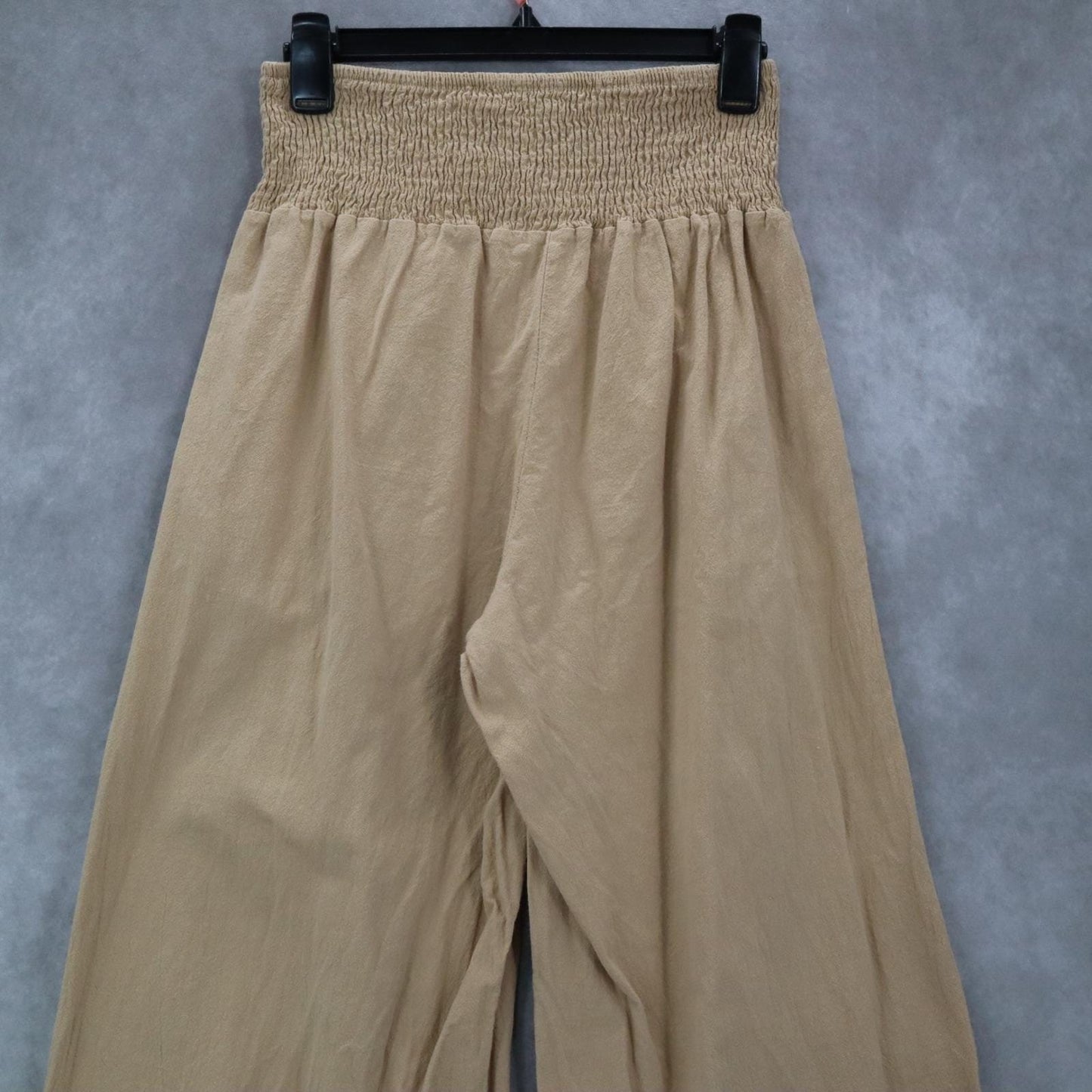 Beige Wide Leg Pants Smocked Waist Boho Palazzo Casual Trousers Pull On Medium