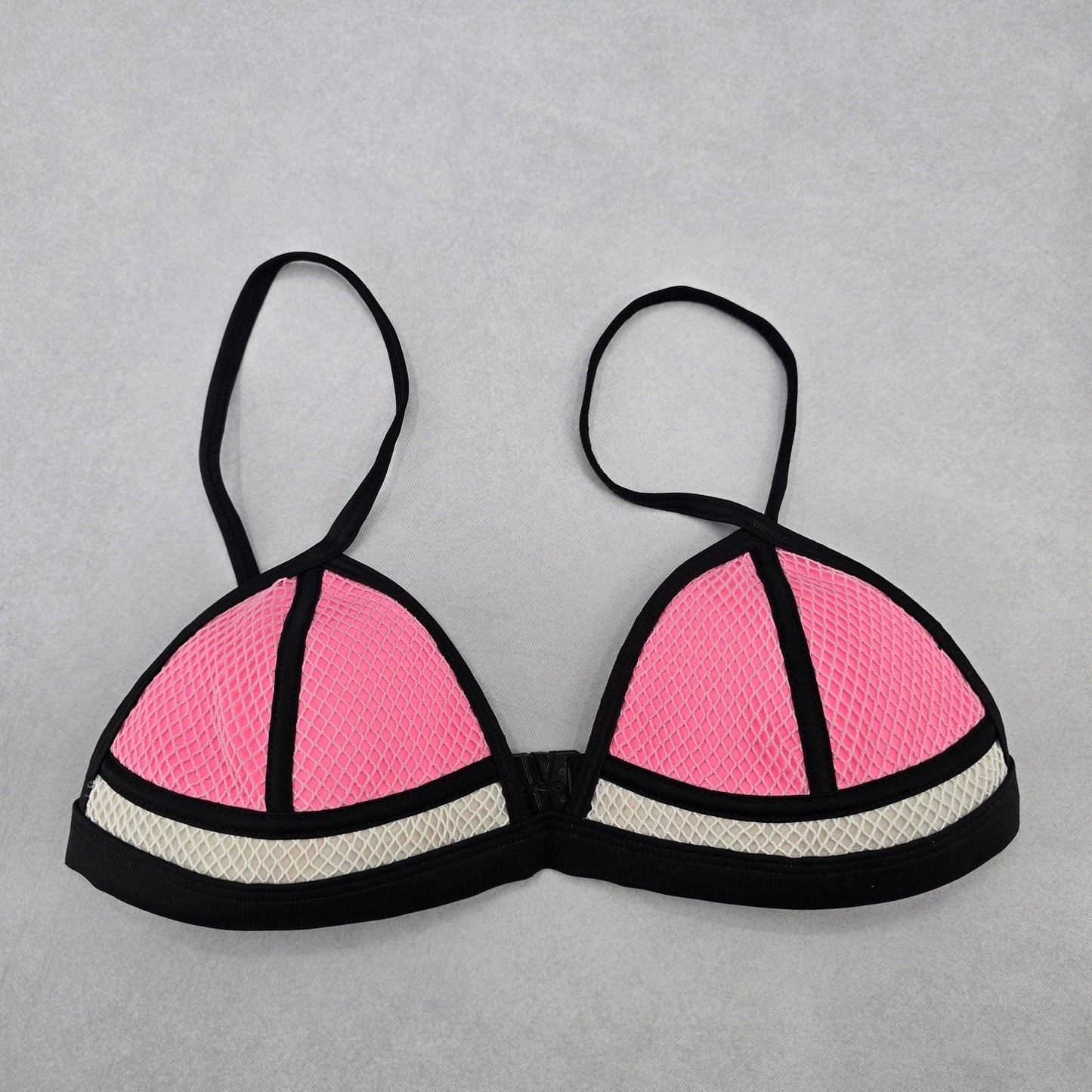 Black Pink Mesh Boho Triangle Padded Swim Sports Bra Beach Bikini Top M Medium