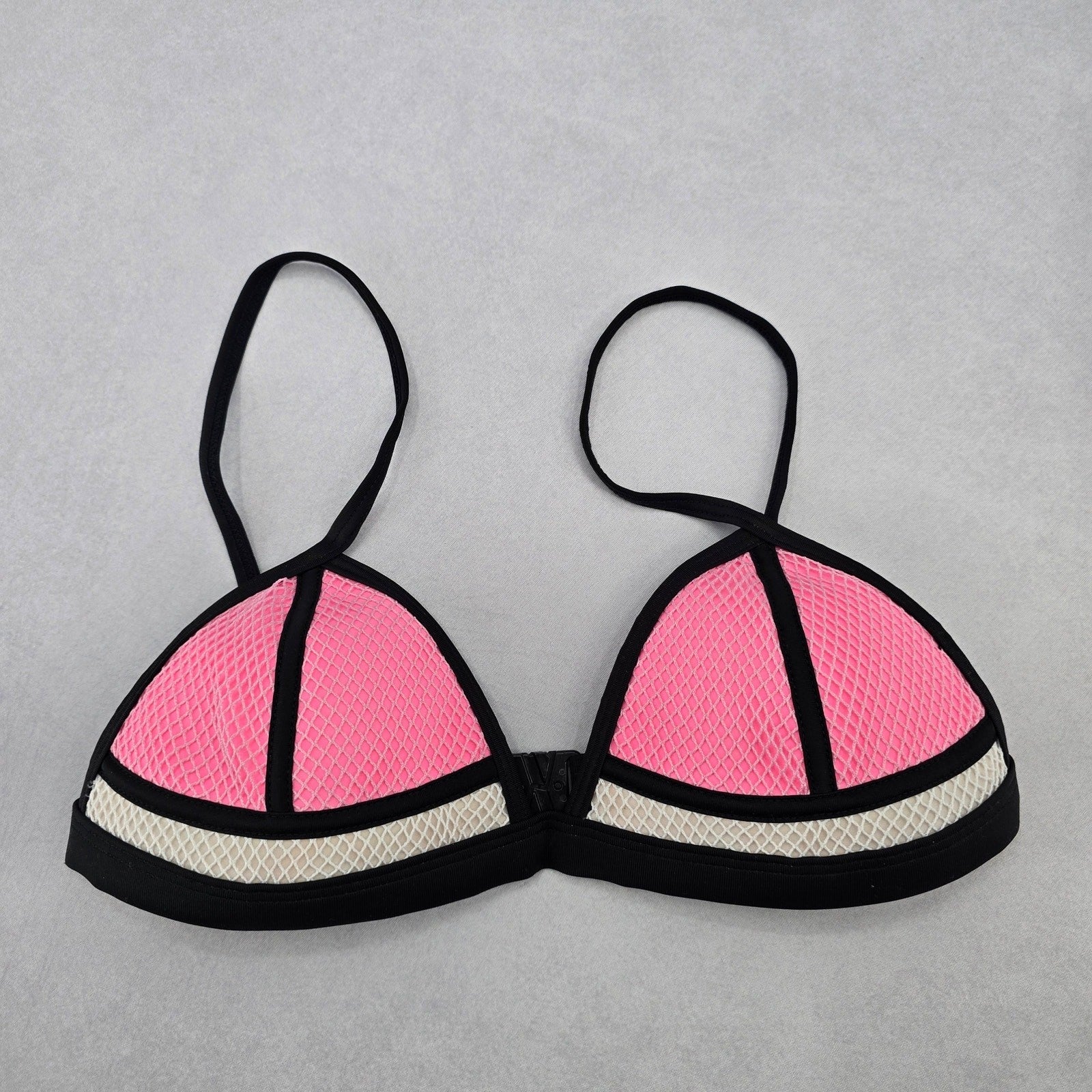 Black Pink Mesh Boho Triangle Padded Swim Sports Bra Beach Bikini Top M Medium
